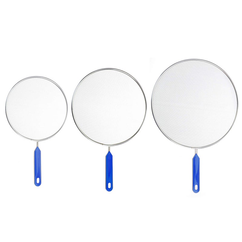Roe & Moe Grease Splatter Screens Guards Shields Frying Pan Pot Cooking Oil Cover Skillet Lid - Stainless Steel Mesh Blue Handle Set of 3: 8", 9.5", 11" - Image 4